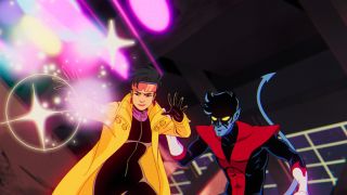 Jubilee shooting her plasmoids while Nightcrawler stands by her in X-Men '97