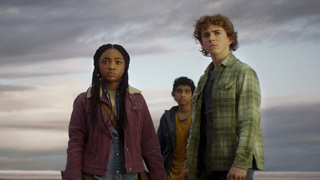 Leah Sava Jeffries, Aryan Simhadri, and Walker Scobell as Annabeth, Grover, and Percy Jackson in Percy Jackson and the Olympians